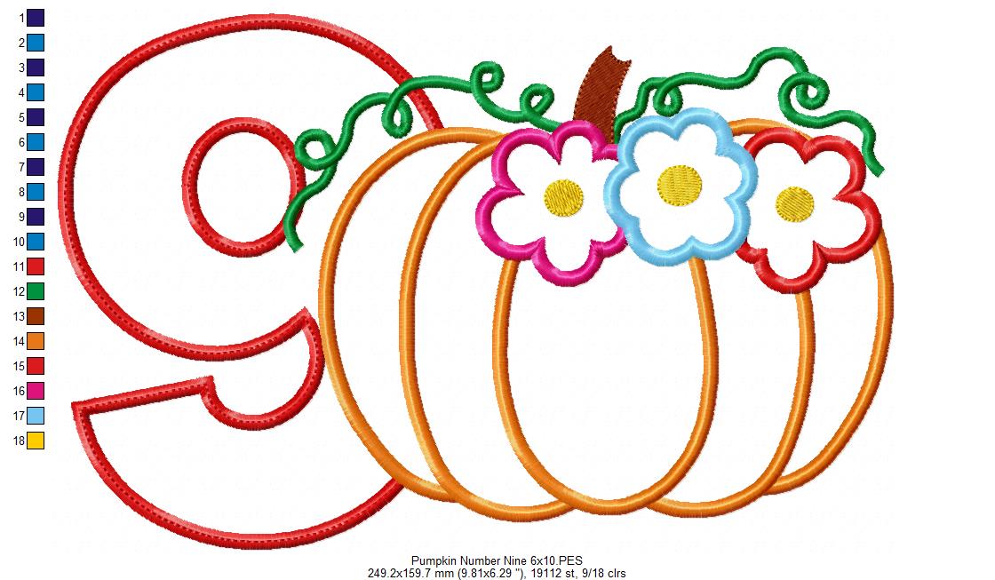 Thanksgiving Pumpkin Number 9 Nine 9th Birthday - Applique
