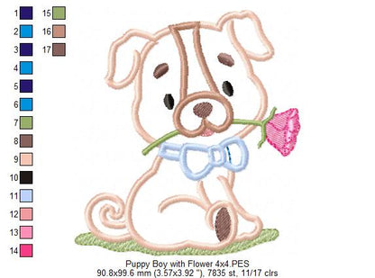 Puppy with Flower - Applique - Machine Embroidery Design