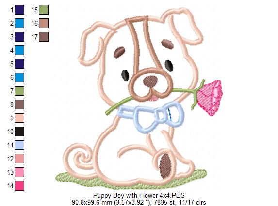 Puppy with Flower - Applique - Machine Embroidery Design