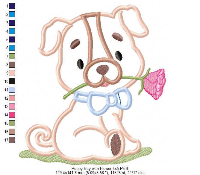 Puppy with Flower - Applique - Machine Embroidery Design