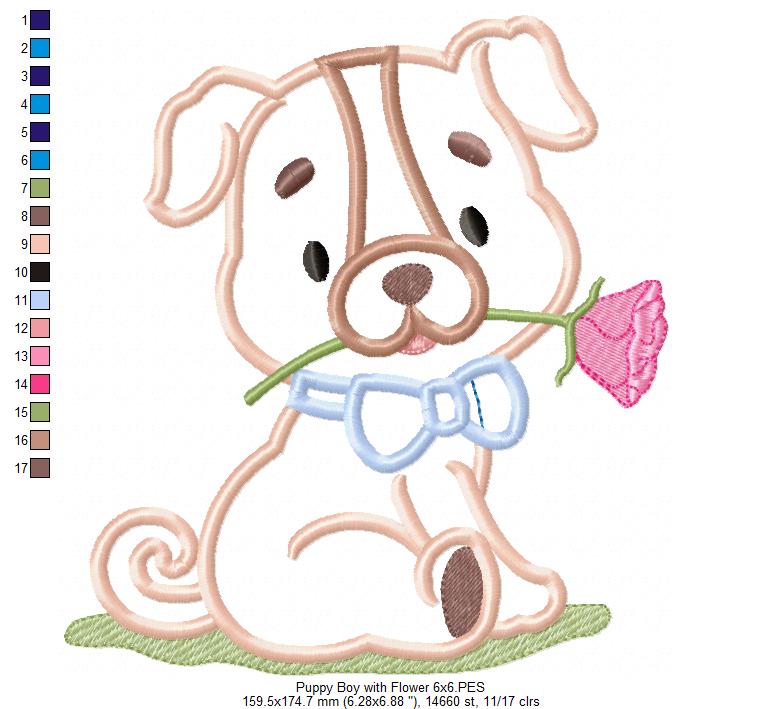 Puppy with Flower - Applique - Machine Embroidery Design