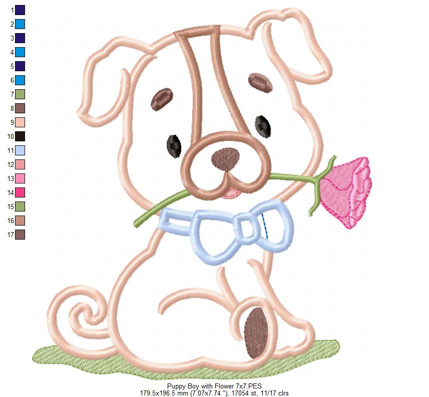 Puppy with Flower - Applique - Machine Embroidery Design