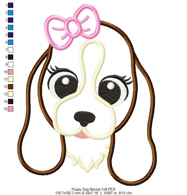 Basset Dog Girl Puppy - Applique - Machine Embroidery Design