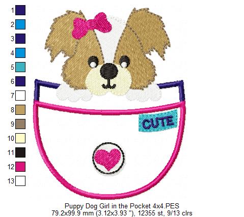 Puppy Girl in the Pocket - Appliqué - Machine Embroidery Design