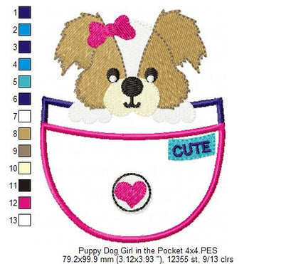 Puppy Girl in the Pocket - Appliqué - Machine Embroidery Design