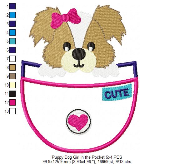 Puppy Girl in the Pocket - Appliqué - Machine Embroidery Design