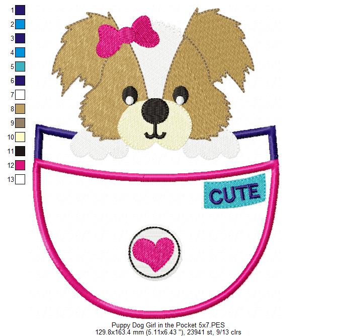 Puppy Girl in the Pocket - Appliqué - Machine Embroidery Design