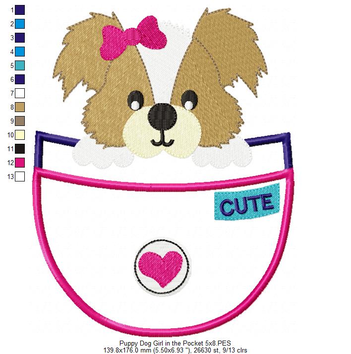 Puppy Girl in the Pocket - Appliqué - Machine Embroidery Design