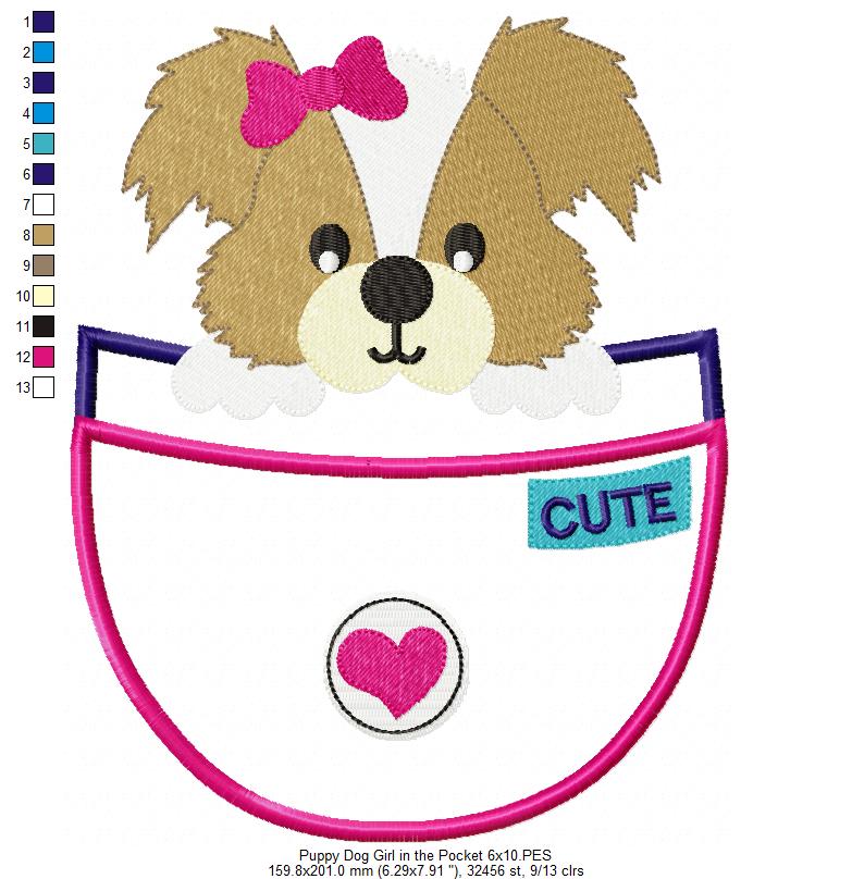 Puppy Girl in the Pocket - Appliqué - Machine Embroidery Design