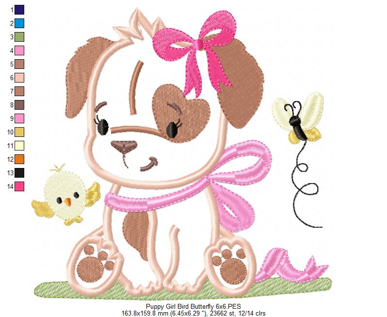 Puppy Girl, Bird and Butterfly - Applique
