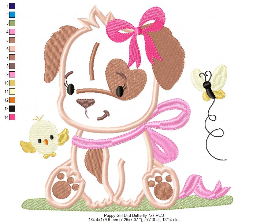 Puppy Girl, Bird and Butterfly - Applique