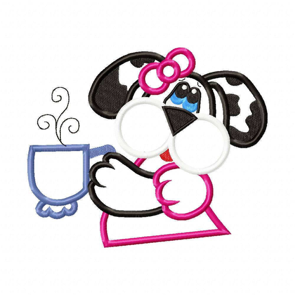 Cute Puppy Girl with Coffee – Appliqué – Machine Embroidery Design