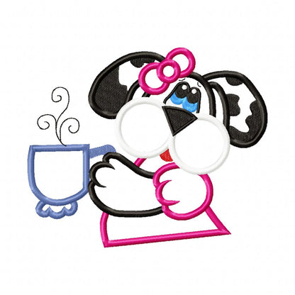 Cute Puppy Girl with Coffee – Appliqué – Machine Embroidery Design