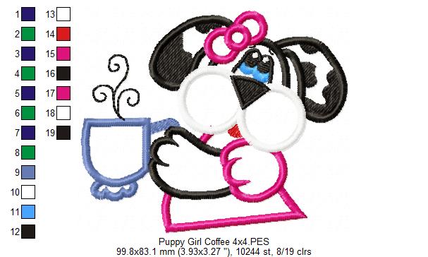 Cute Puppy Girl with Coffee – Appliqué – Machine Embroidery Design