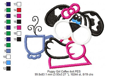 Cute Puppy Girl with Coffee – Appliqué – Machine Embroidery Design