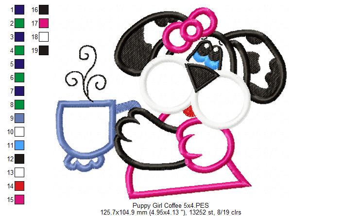 Cute Puppy Girl with Coffee – Appliqué – Machine Embroidery Design