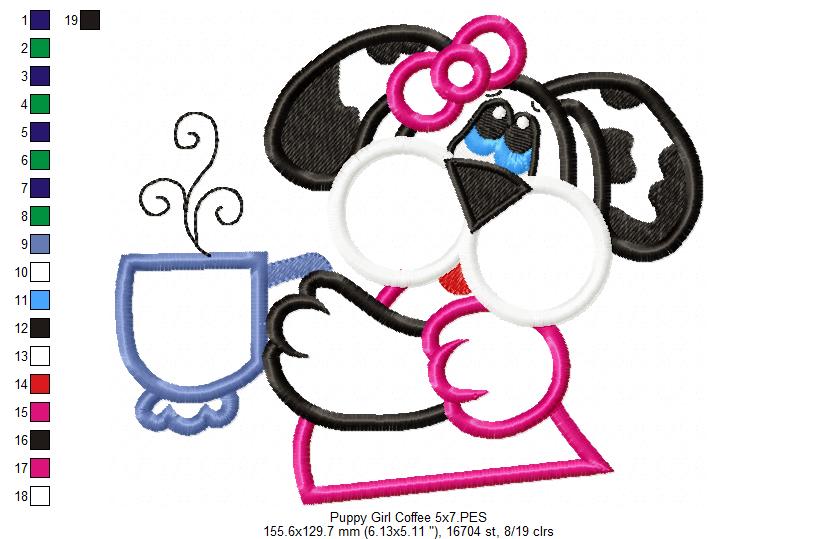 Cute Puppy Girl with Coffee – Appliqué – Machine Embroidery Design