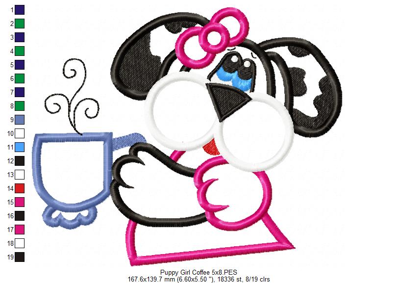 Cute Puppy Girl with Coffee – Appliqué – Machine Embroidery Design