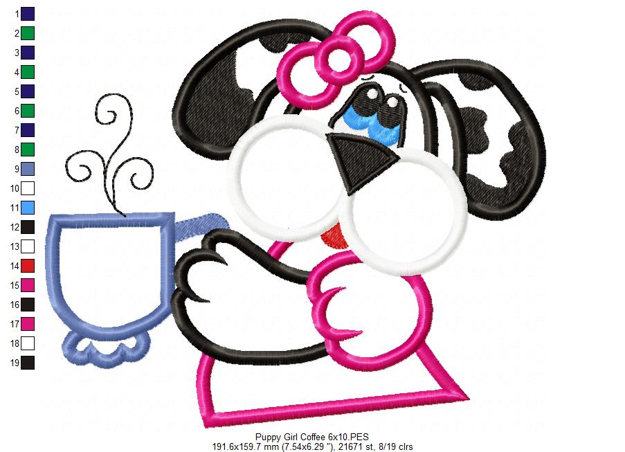 Cute Puppy Girl with Coffee – Appliqué – Machine Embroidery Design