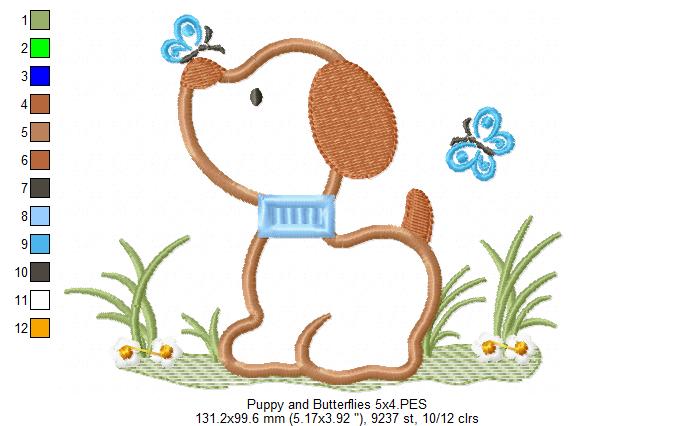 Puppy and Butterfly - Applique - Machine Embroidery Design