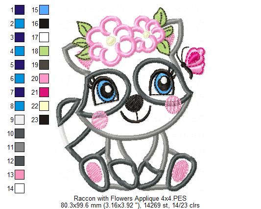 Raccoon Girl with Flowers - Applique Embroidery