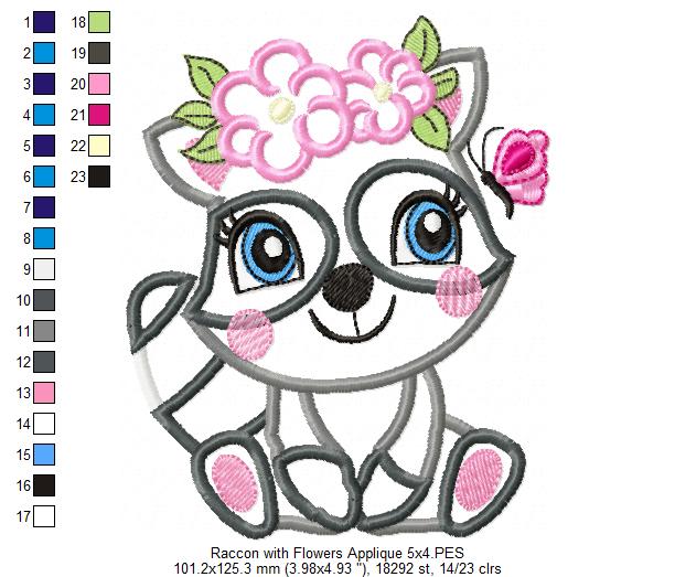 Raccoon Girl with Flowers - Applique Embroidery