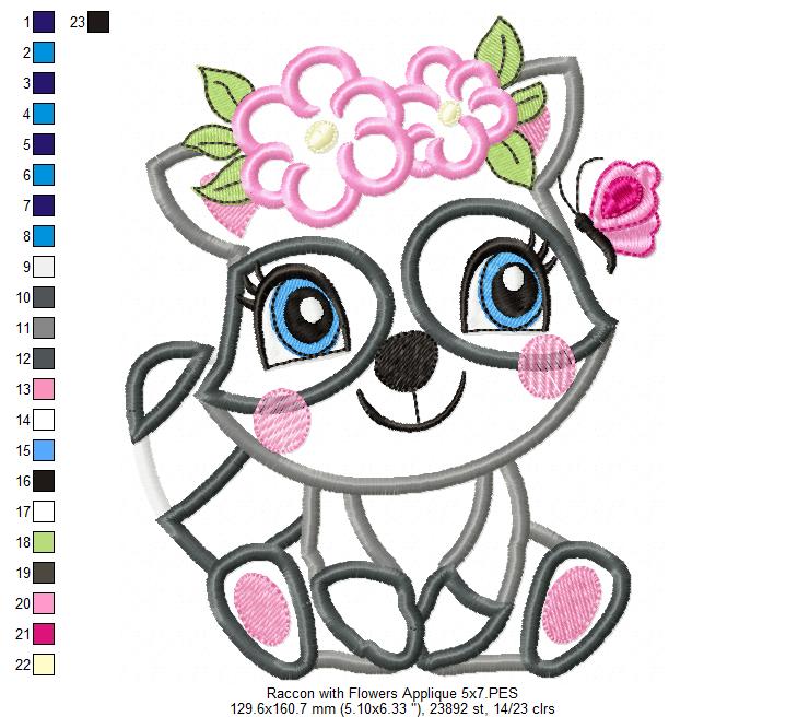 Raccoon Girl with Flowers - Applique & Fill Stitch - Set of 2 designs