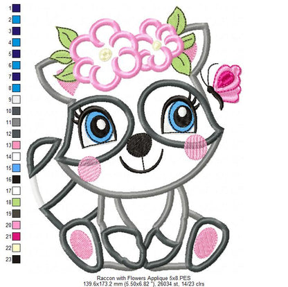 Raccoon Girl with Flowers - Applique Embroidery