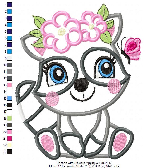 Raccoon Girl with Flowers - Applique & Fill Stitch - Set of 2 designs