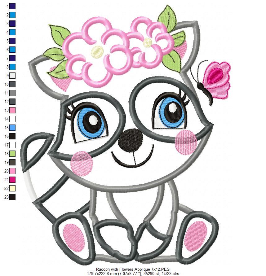 Raccoon Girl with Flowers - Applique Embroidery