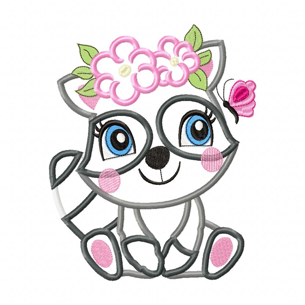 Raccoon Girl with Flowers - Applique Embroidery