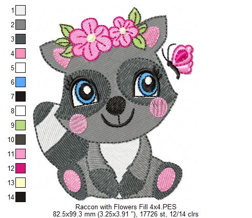 Raccoon Girl with Flowers - Fill Stitch