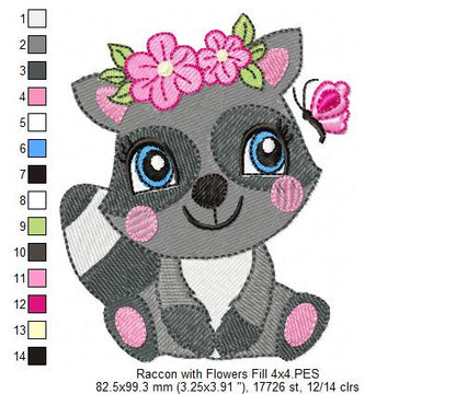 Raccoon Girl with Flowers - Applique & Fill Stitch - Set of 2 designs