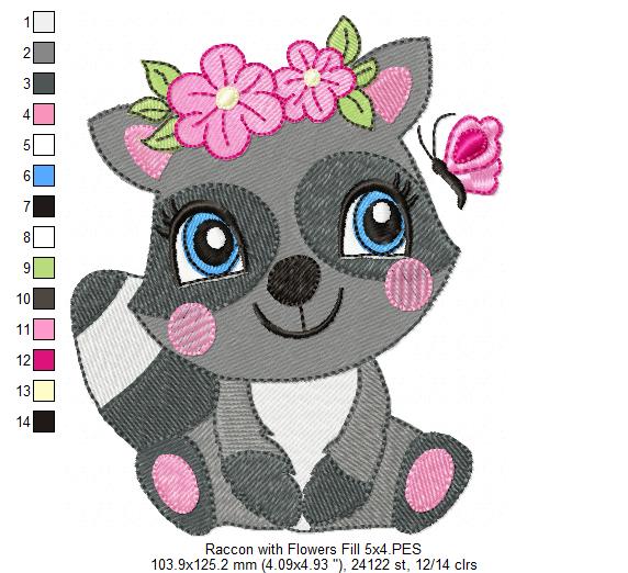 Raccoon Girl with Flowers - Applique & Fill Stitch - Set of 2 designs