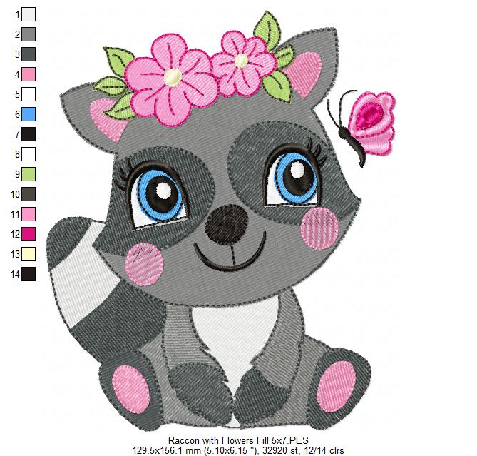 Raccoon Girl with Flowers - Fill Stitch