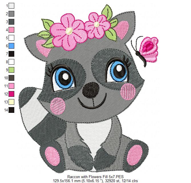 Raccoon Girl with Flowers - Applique & Fill Stitch - Set of 2 designs