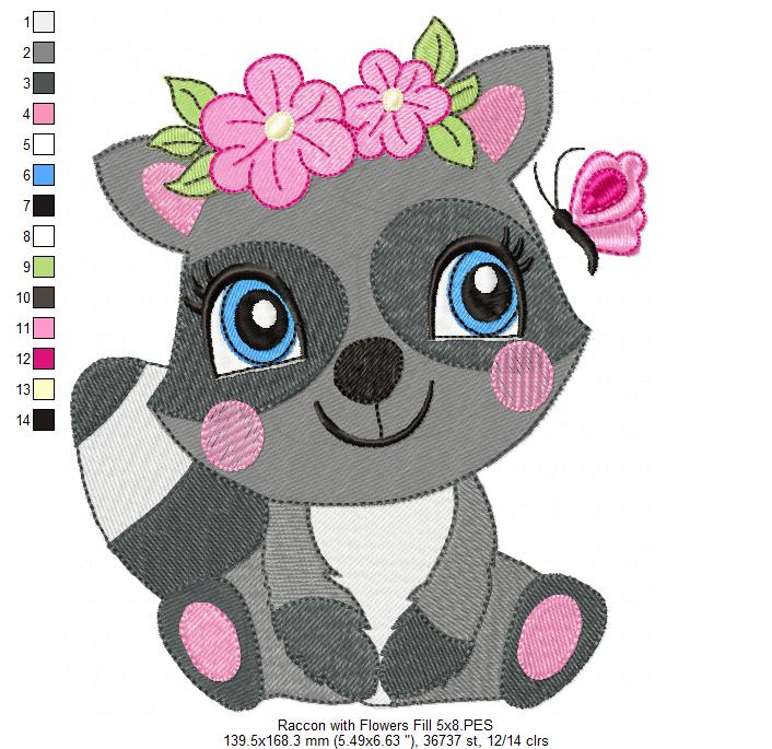 Raccoon Girl with Flowers - Fill Stitch