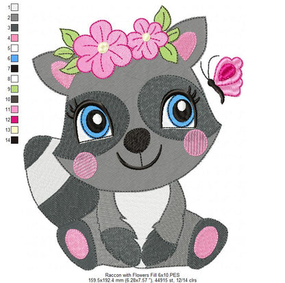 Raccoon Girl with Flowers - Fill Stitch