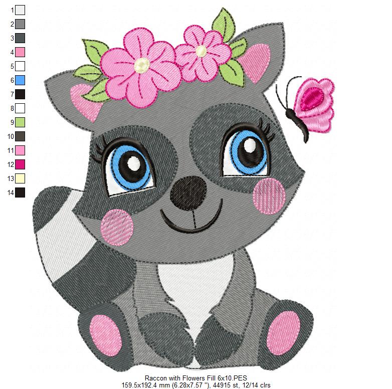 Raccoon Girl with Flowers - Fill Stitch