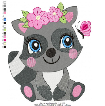 Raccoon Girl with Flowers - Fill Stitch