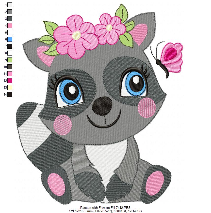 Raccoon Girl with Flowers - Fill Stitch