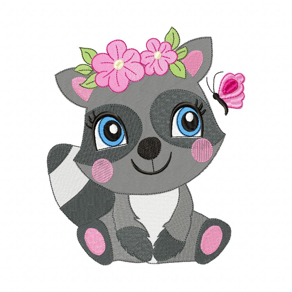 Raccoon Girl with Flowers - Fill Stitch