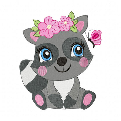 Raccoon Girl with Flowers - Applique & Fill Stitch - Set of 2 designs
