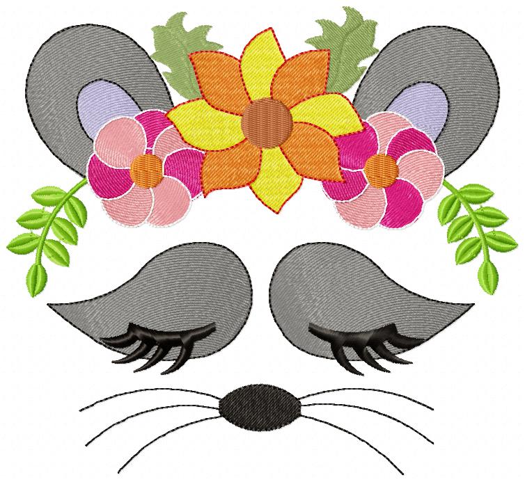 Raccoon Girl with Flowers - Fill Stitch