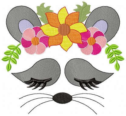 Raccoon Girl with Flowers - Fill Stitch