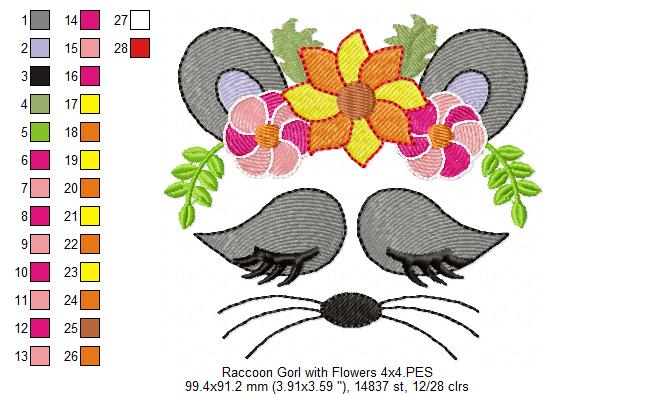 Raccoon Girl with Flowers - Fill Stitch
