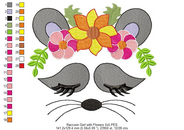 Raccoon Girl with Flowers - Fill Stitch