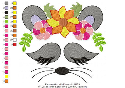 Raccoon Girl with Flowers - Fill Stitch
