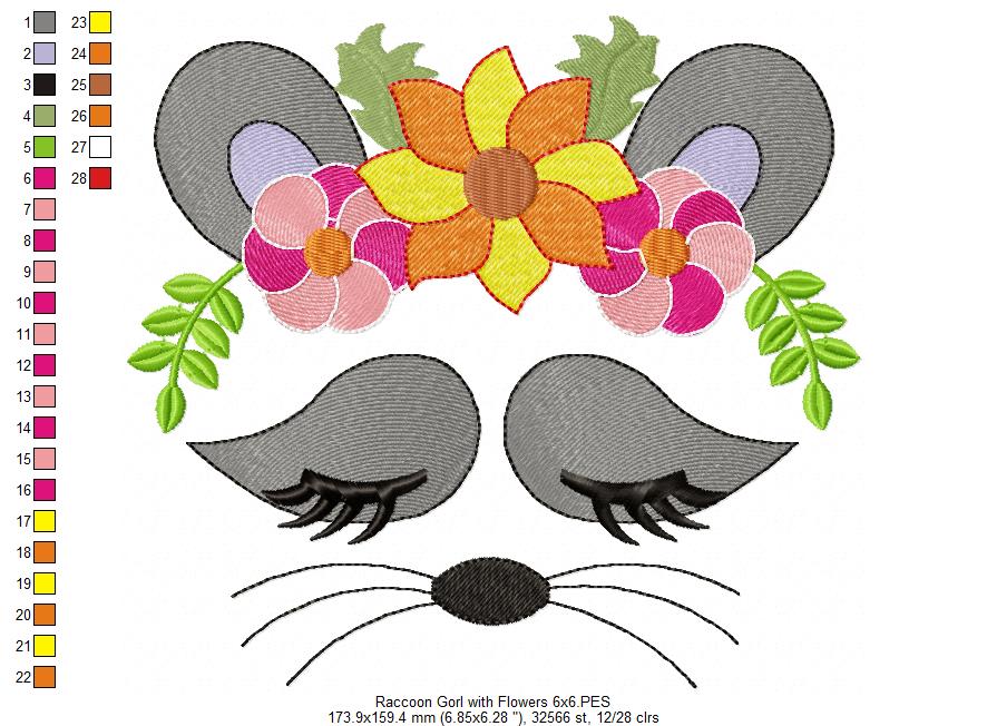 Raccoon Girl with Flowers - Fill Stitch