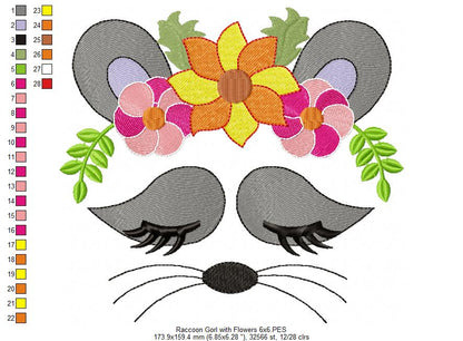 Raccoon Girl with Flowers - Fill Stitch